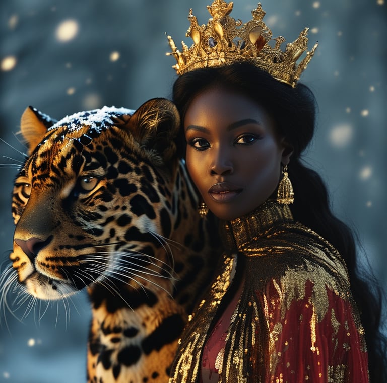 a woman in a gold crown and a leopard