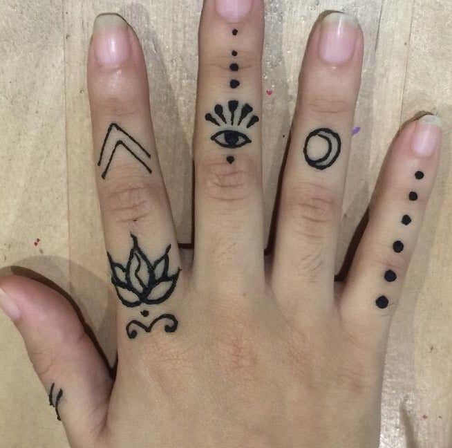jagua tattoo symbols on hand: lotus flower, eye of horus, moon and sun