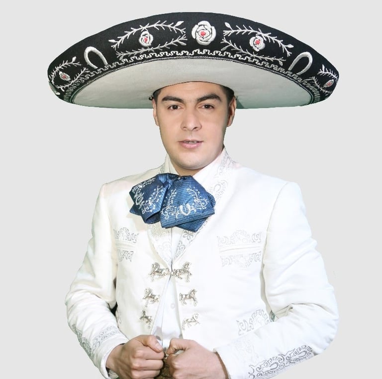 El Mariachi Montreal con traje blanco tradicional y sombrero charro en evento cultural