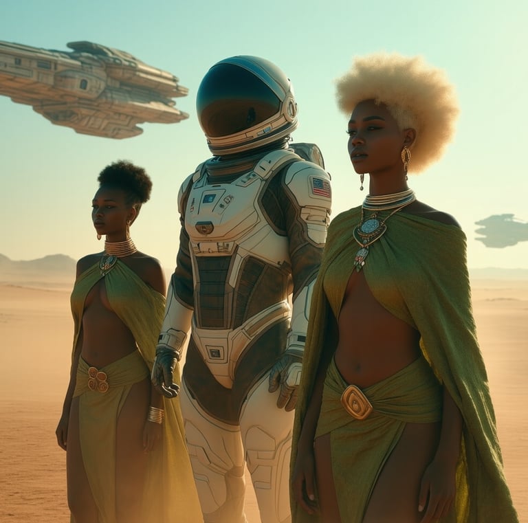 an afrofuturism image of a space explorer and two women