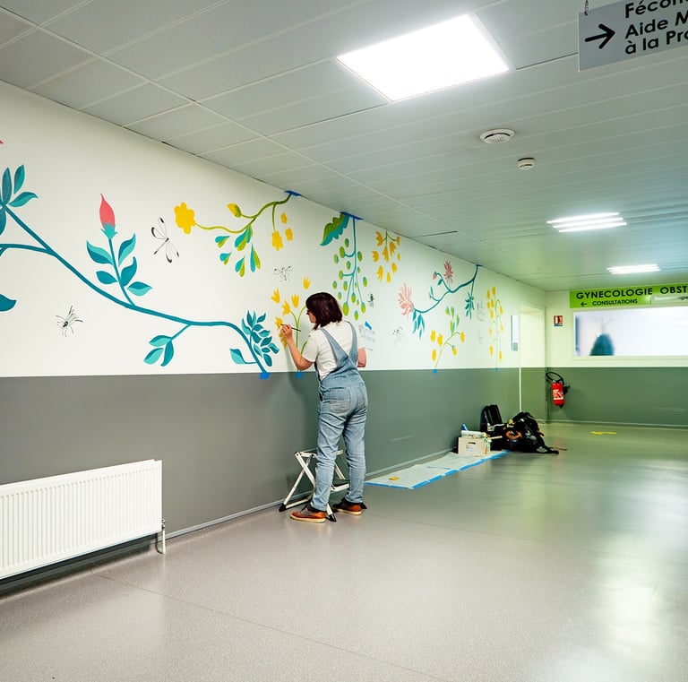 Fresque peinture murale hôpital maternité Pierre-Jean Parry CHU Caen Normandie