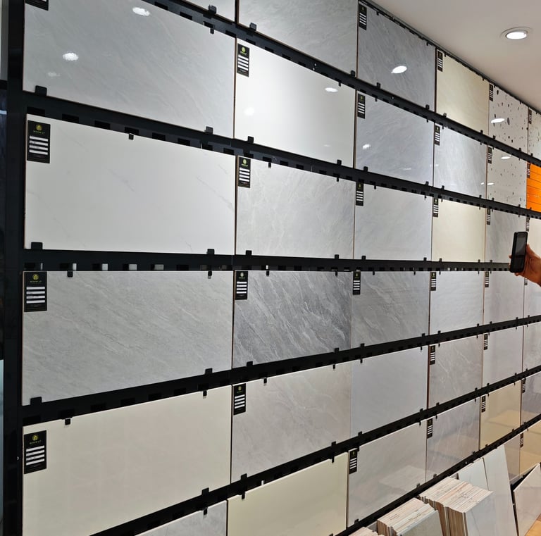 Showroom display of large format porcelain wall tiles with grey marble and stone patterns.