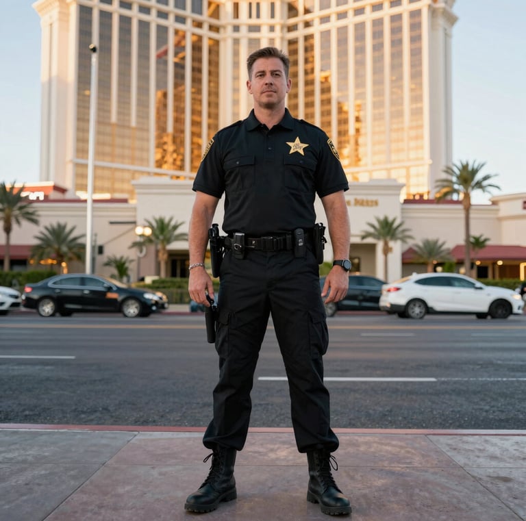 A sharply dressed security guard standing confidently outside a luxury building at dusk.