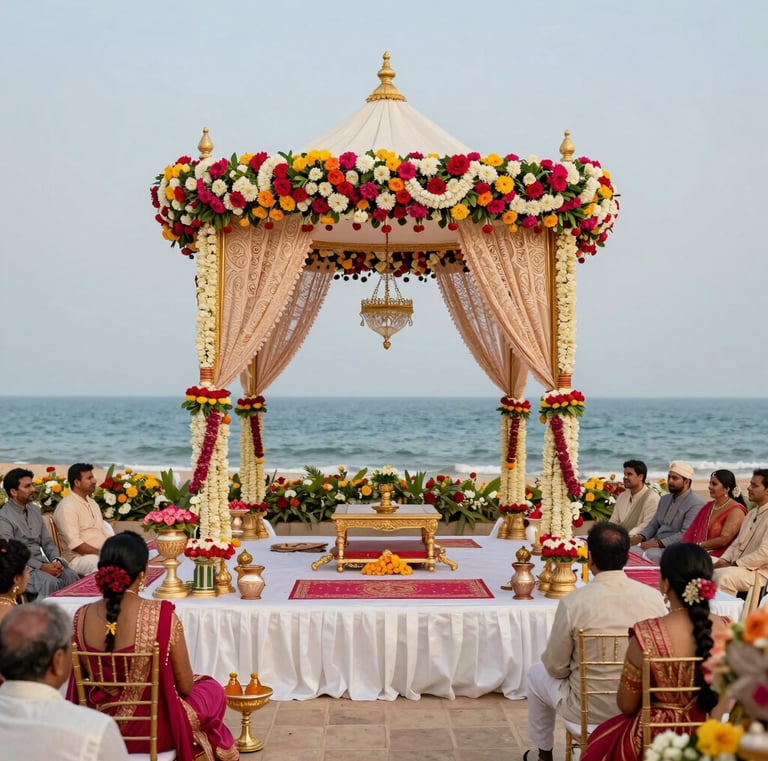 Romantic beachside wedding setup at sunset, with vibrant marigold garlands and a mandap overlooking the sea.