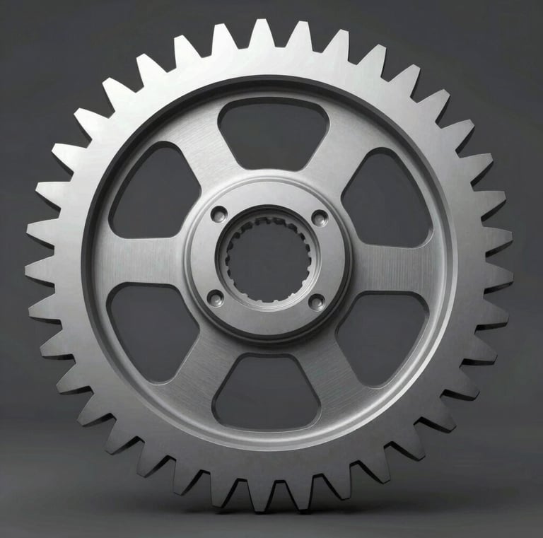 A set of helical gears arranged on a metal workbench under bright workshop lights.