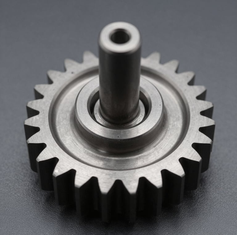 Engineer examining a gear with a magnifying glass in a clean industrial setting.