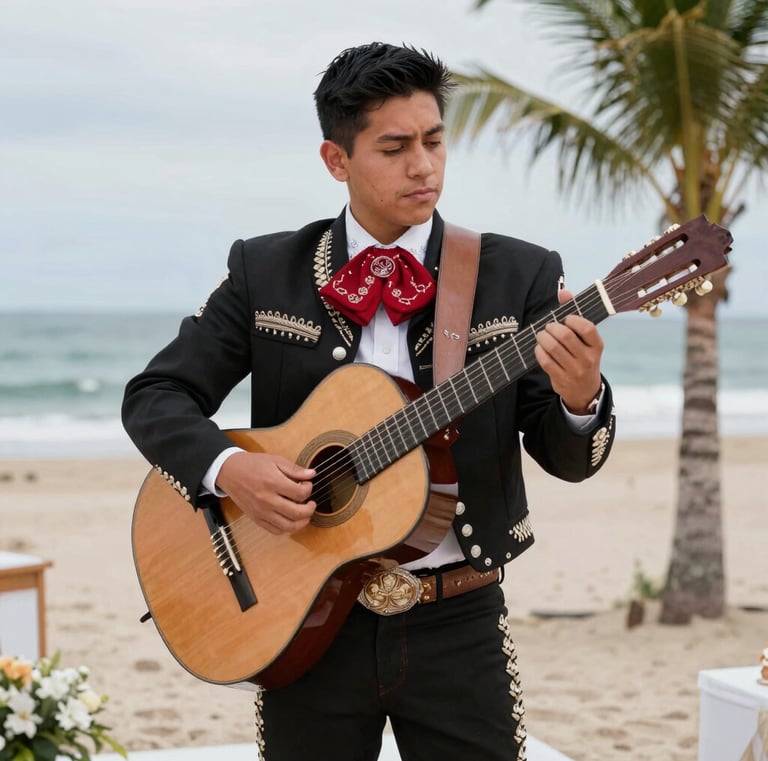 Close-up of musicians passionately playing guitar and violin during a beach wedding