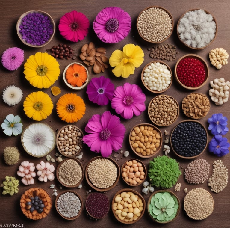 Close-up of colorful flower seeds spilling from a rustic wooden scoop.