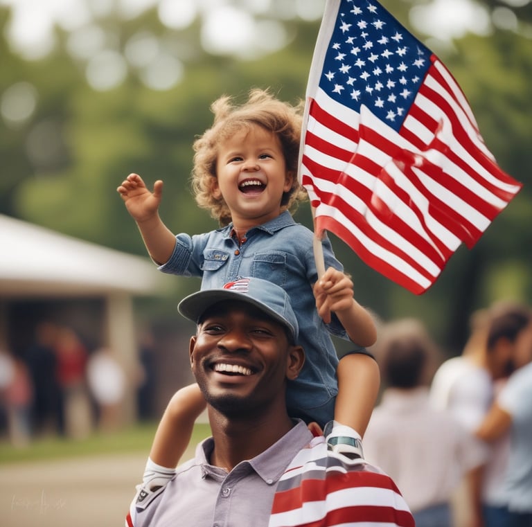 A crowd waving American flags at a Team Maga rally under a bright blue sky.