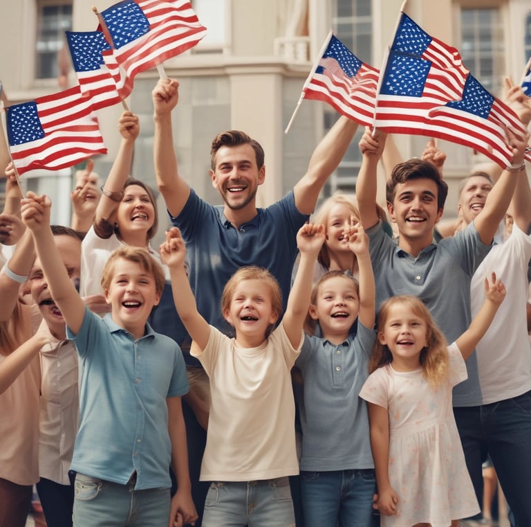 Supporters cheering at a national headquarters event with patriotic decorations.