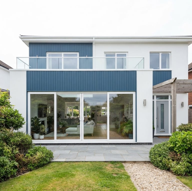 Wide shot of a modern residential facade with large, clean UPVC sliding doors installed, bright indirect daylight, architectural alignment, crisp white and deep blue tones.