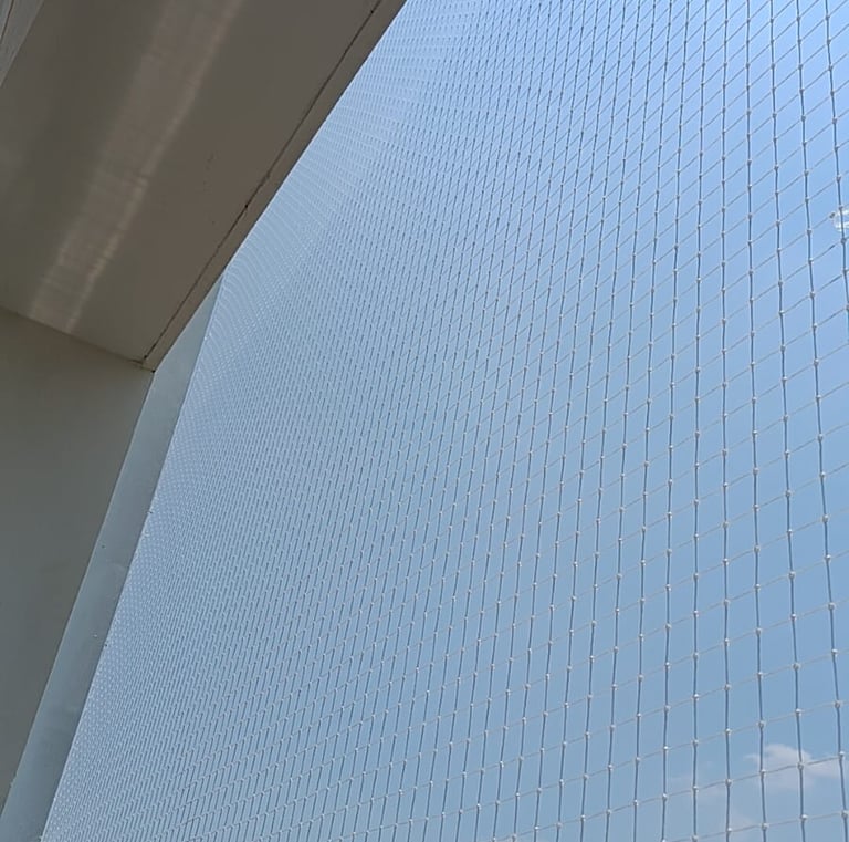 View from inside a balcony protected by a pigeon net, showing clear visibility and safety.