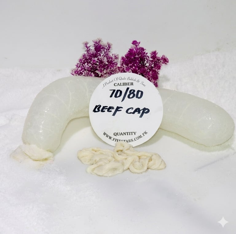 Natural 70/80 caliber beef cap casings for sausage production displayed on salt. five star casing