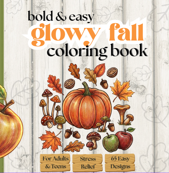 Bold and easy glowy fall coloring book cover featuring pumpkins, autumn leaves, and mushrooms.