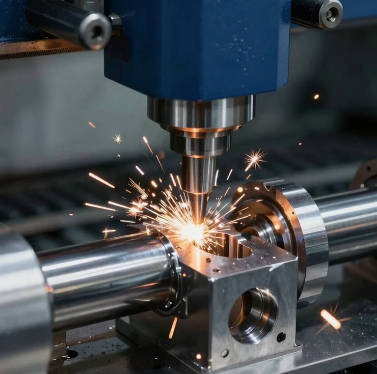 Precision CNC milling machine drilling a metal part with sparks flying in a factory.