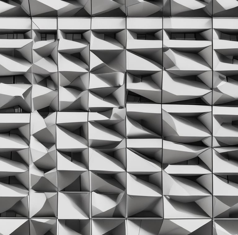 Black and white photo of a modern building facade showcasing sharp geometric lines.