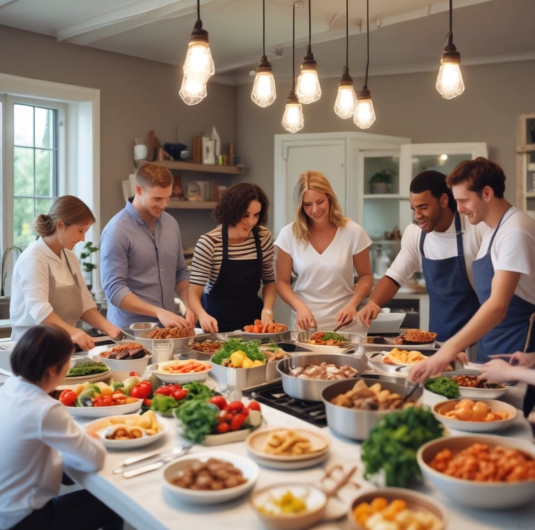 A diverse group of friends smiling while preparing a healthy gourmet meal together in a modern kitchen.