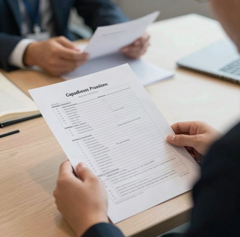 Close-up medium shot of a practitioner's hands holding a printed case worksheet at a conference table, a second professional visible out of focus across the table, cool office daylight, documentary realism, no wellness props