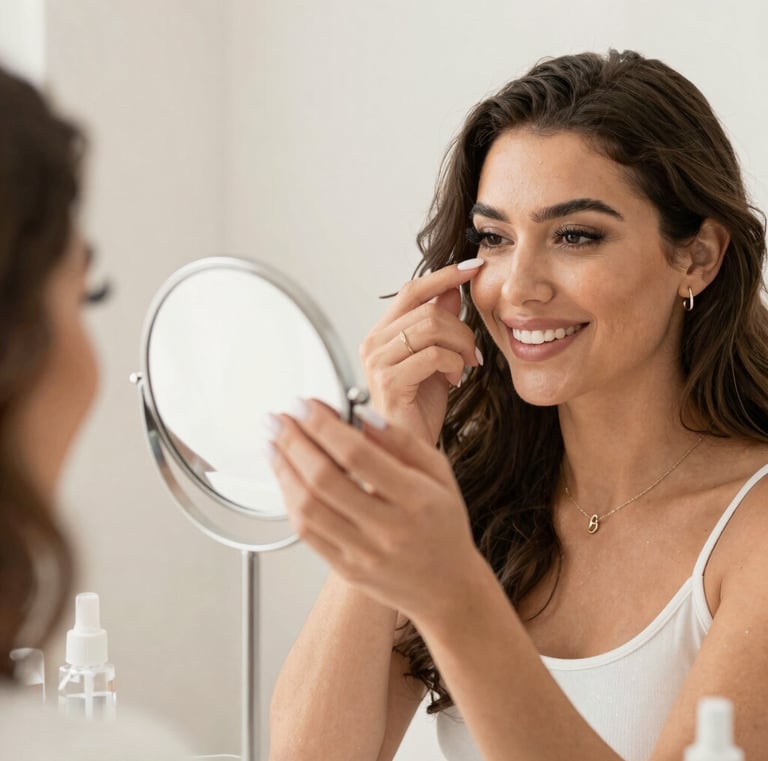Smiling client admiring her new nails and lashes in a handheld mirror.