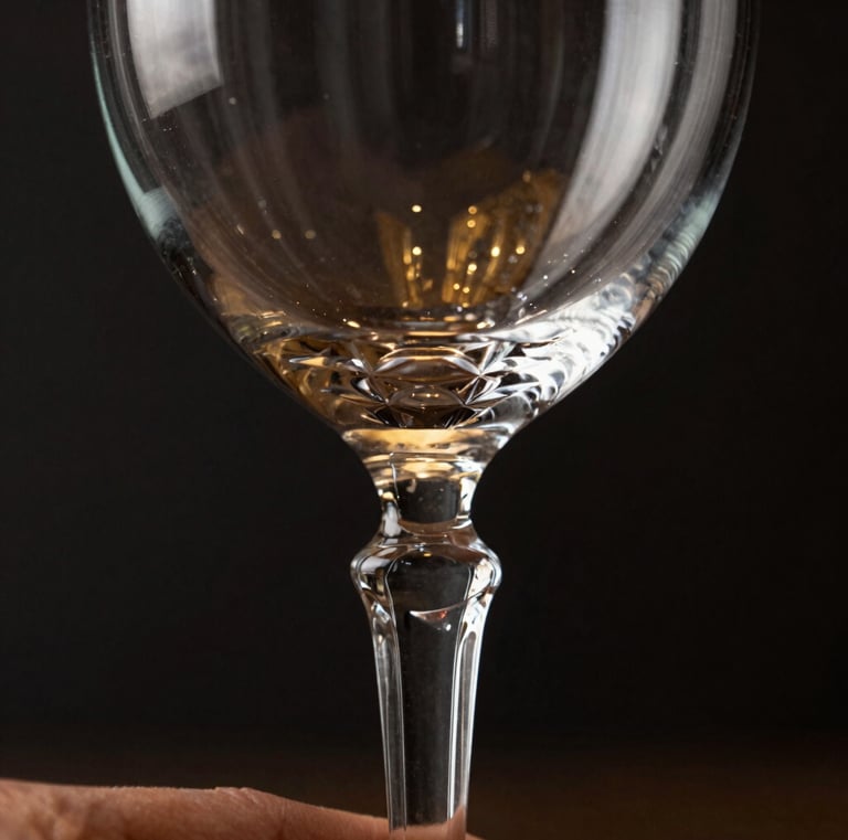Macro close-up of a hand gently holding the stem of a crystal wine glass, showcasing the intricate detail and clarity of the glass, dramatic low-key studio lighting, sharp highlights on the glass edges, dark background, gold reflections, 85mm lens, focus on texture and craftsmanship.