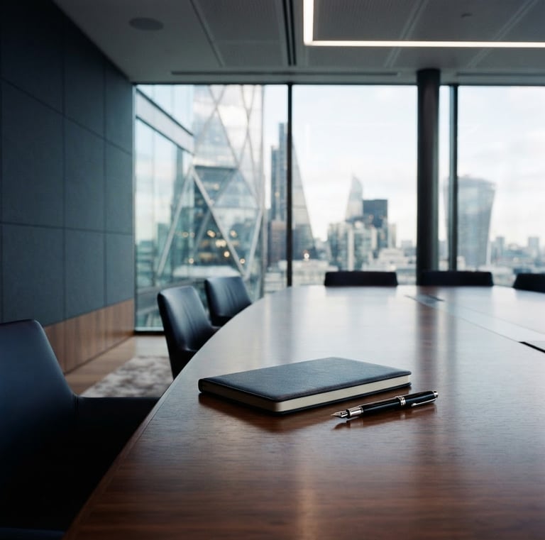 Architectural shot of a modern corporate boardroom, executive notebook and pen on a polished table, soft natural daylight, deep slate and navy tones, architectural framing, 35mm.