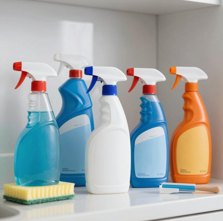 Professional cleaning products neatly arranged in a modern warehouse environment.