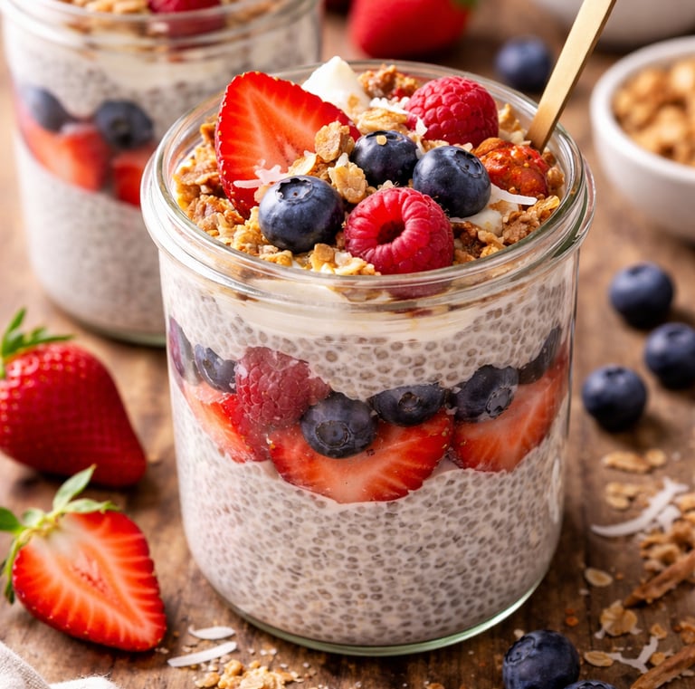 Healthy chia seed pudding in a glass jar topped with fresh strawberries, blueberries, raspberries, and granola.