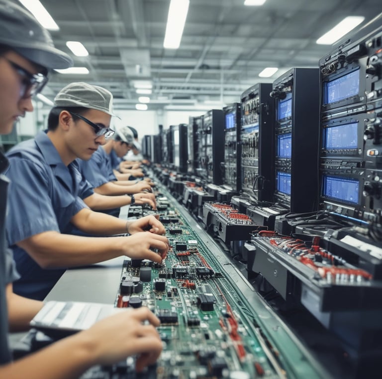 A wide shot of the akaay electromech production floor bustling with activity.