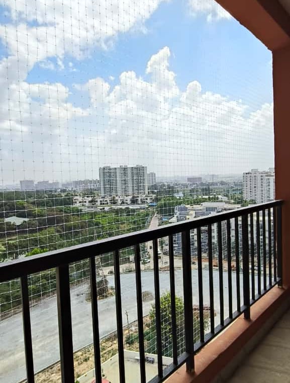 Close-up of sturdy anti-pigeon netting tightly secured on a balcony in Egmore.