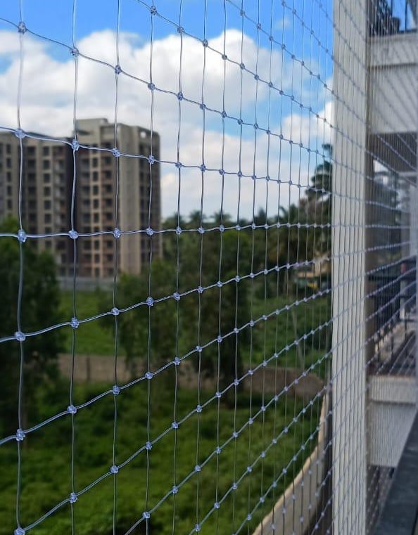 Wide shot showing anti-pigeon nets covering a large window on OMR Road.