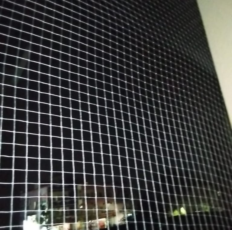 Installation process of anti-pigeon nets by Arjilli Enterrises team on a window frame.