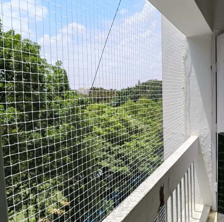 Close-up of a tightly woven pigeon net installed on a Mira Road balcony.