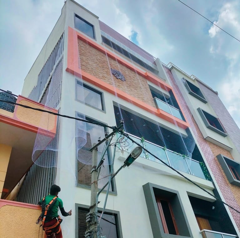 Close view of the strong mesh material used in balcony safety nets for pet safety.