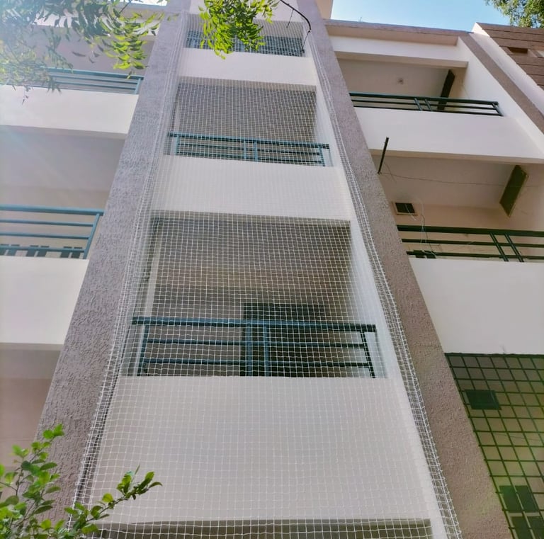 Happy homeowner pointing at newly installed anti-pigeon nets on their Egmore apartment balcony.