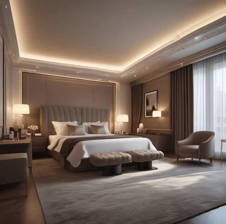 Elegant bedroom with fresh linens and warm accents.