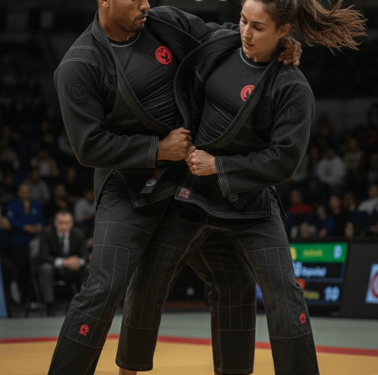 a woman in a black suit and a man in black and white