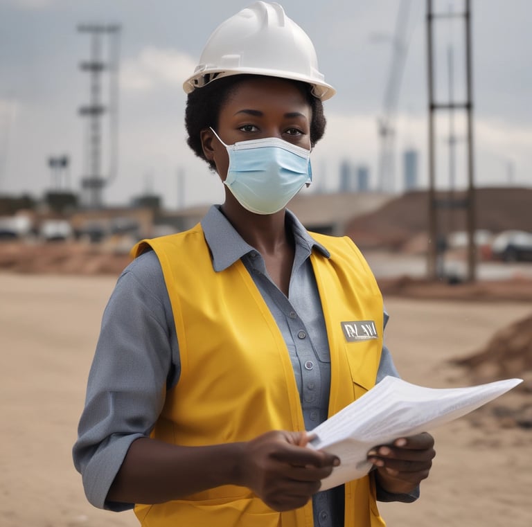 Smiling African female engineer holding a tablet, dressed in protective construction attire.