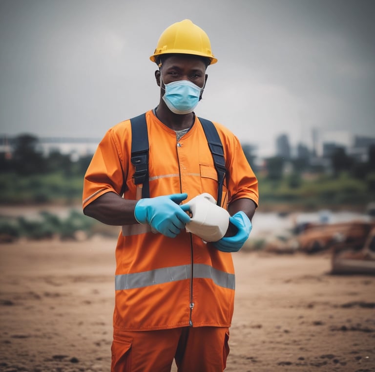 Close-up of a black woman adjusting her reflective safety vest with a busy construction background.
