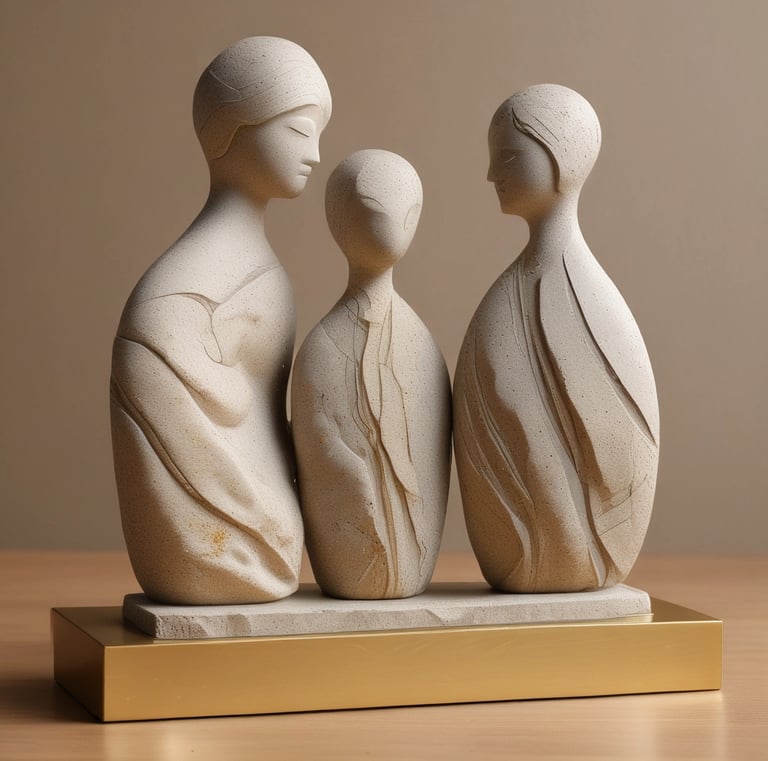 Three abstract stone figurines representing family or motherhood on a wooden base with gold trim.
