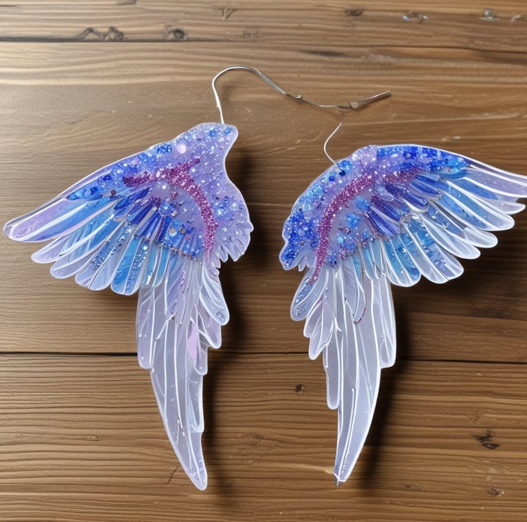 Handmade clear resin angel wings with holographic blue, pink, and purple glitter flakes on a wooden surface.