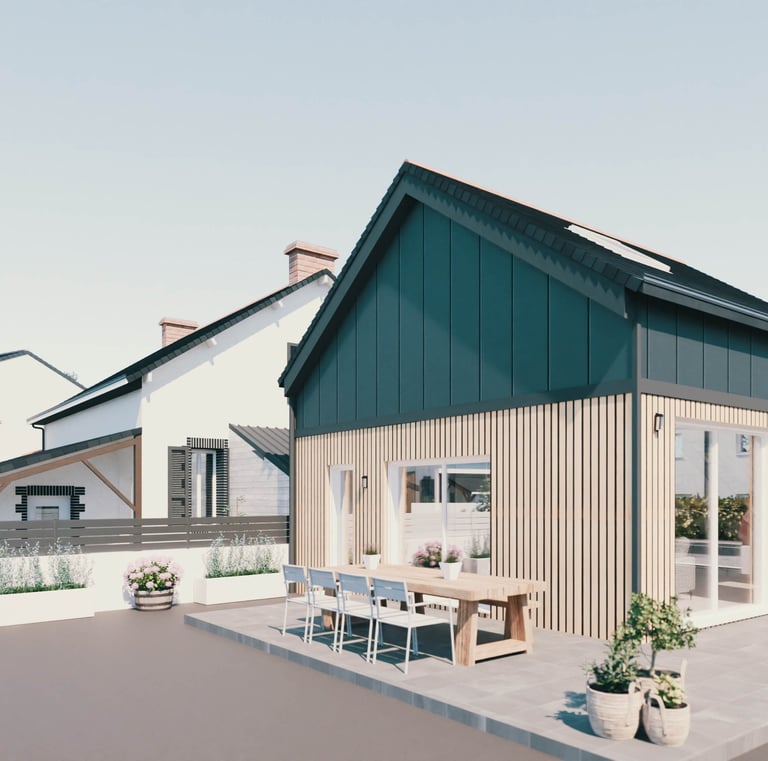 Projection en image de synthèse d'une rénovation extérieur d'une maison individuelle