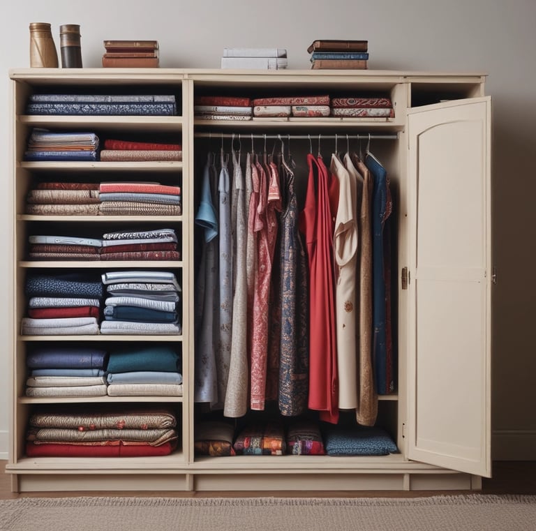 Neatly arranged fabrics and sewing tools on a wooden table.
