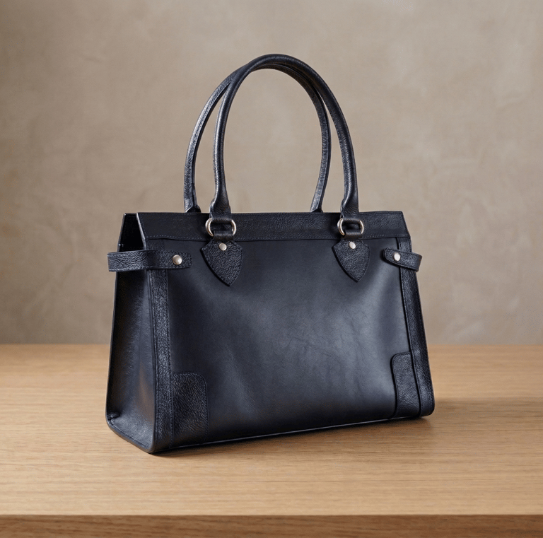 Cartera de cuero azul marino de acabado liso y semi-brillante