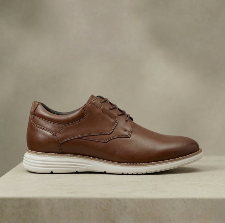 Zapato de vestir de cuero marrón claro, con cordones y una suela blanca y ligera