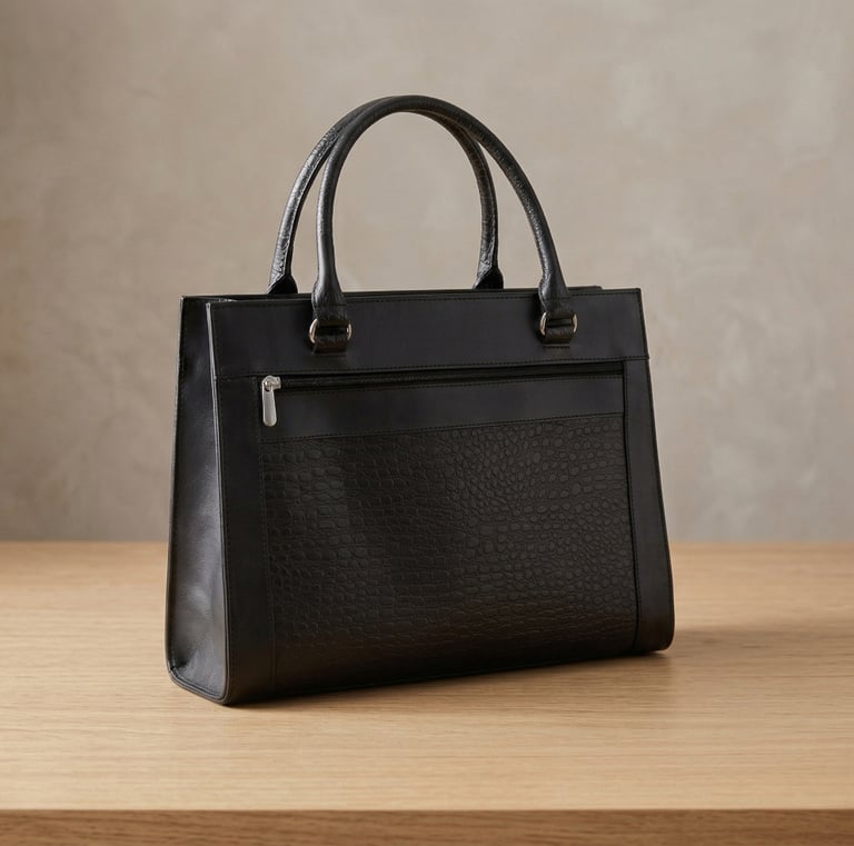 Cartera para mujer de oficina de cuero negro y con cierres