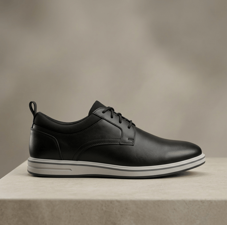 Zapato de vestir de cuero negro, con cordones y una suela blanca y ligera