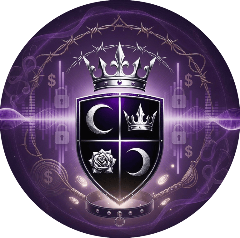 Vaeloria's crest of 2 moons, a crown and rose set in a shield with wings. a crown under barbed wire sit at the top