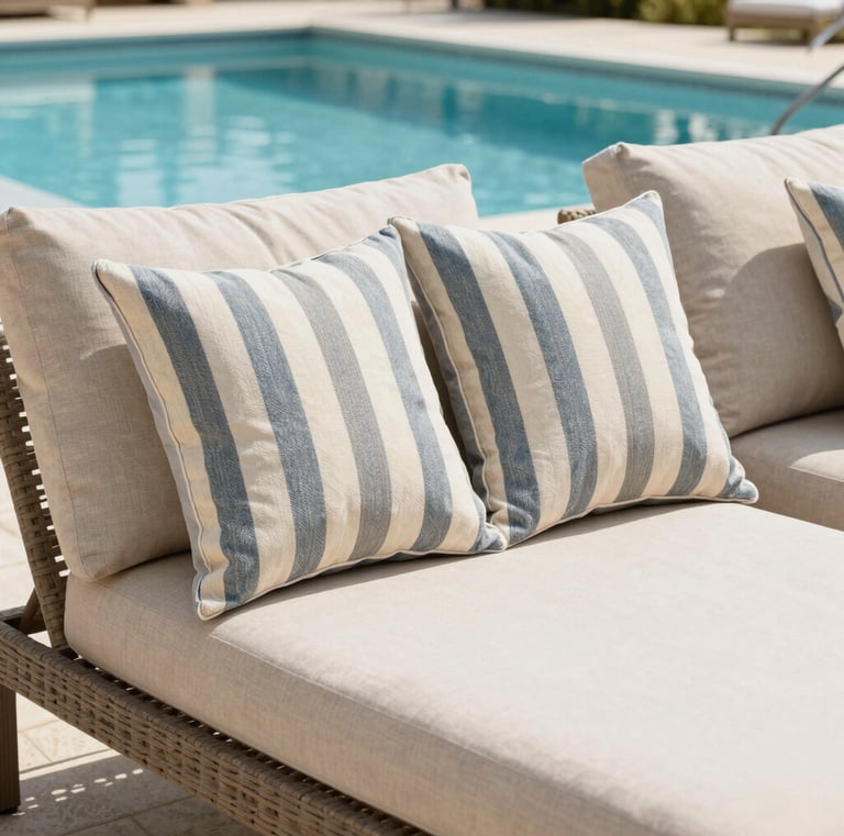 Colorful custom outdoor pillows stacked on a rattan sofa, set against lush garden greenery.