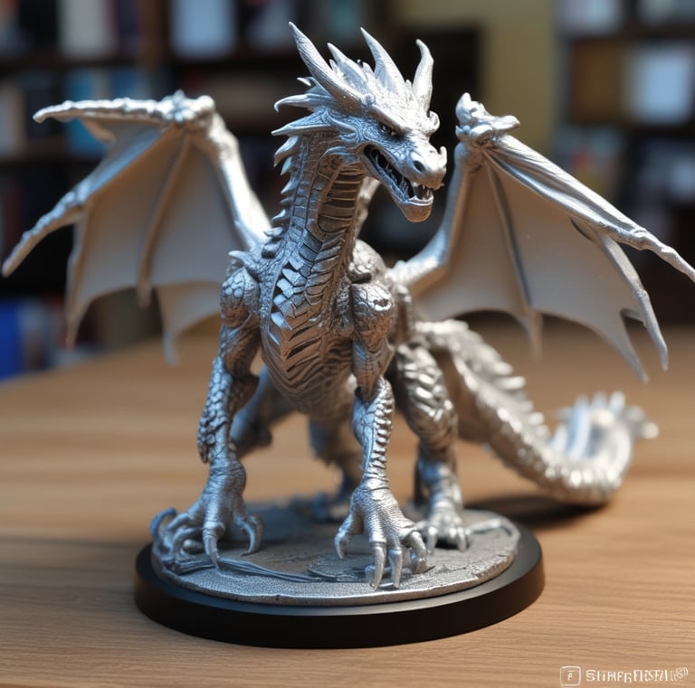 Close-up of a detailed 3D printed miniature figurine on a wooden table