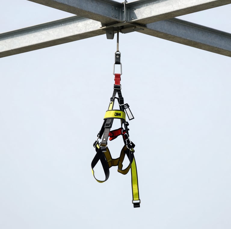 3M DBI-SALA fall protection harness hanging on a metal beam